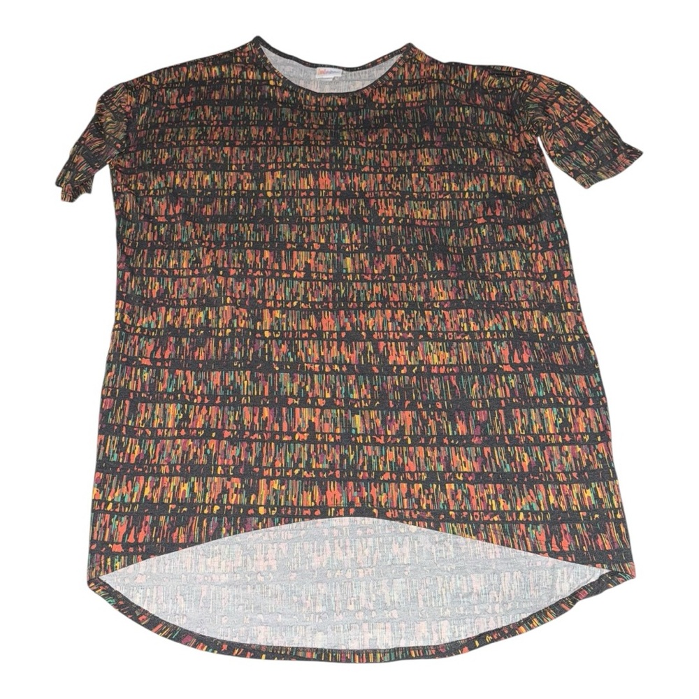 LulaRoe LLR Irma Pink Yellow Charcoal Gray Pattern Tunic Top Tee Size Small